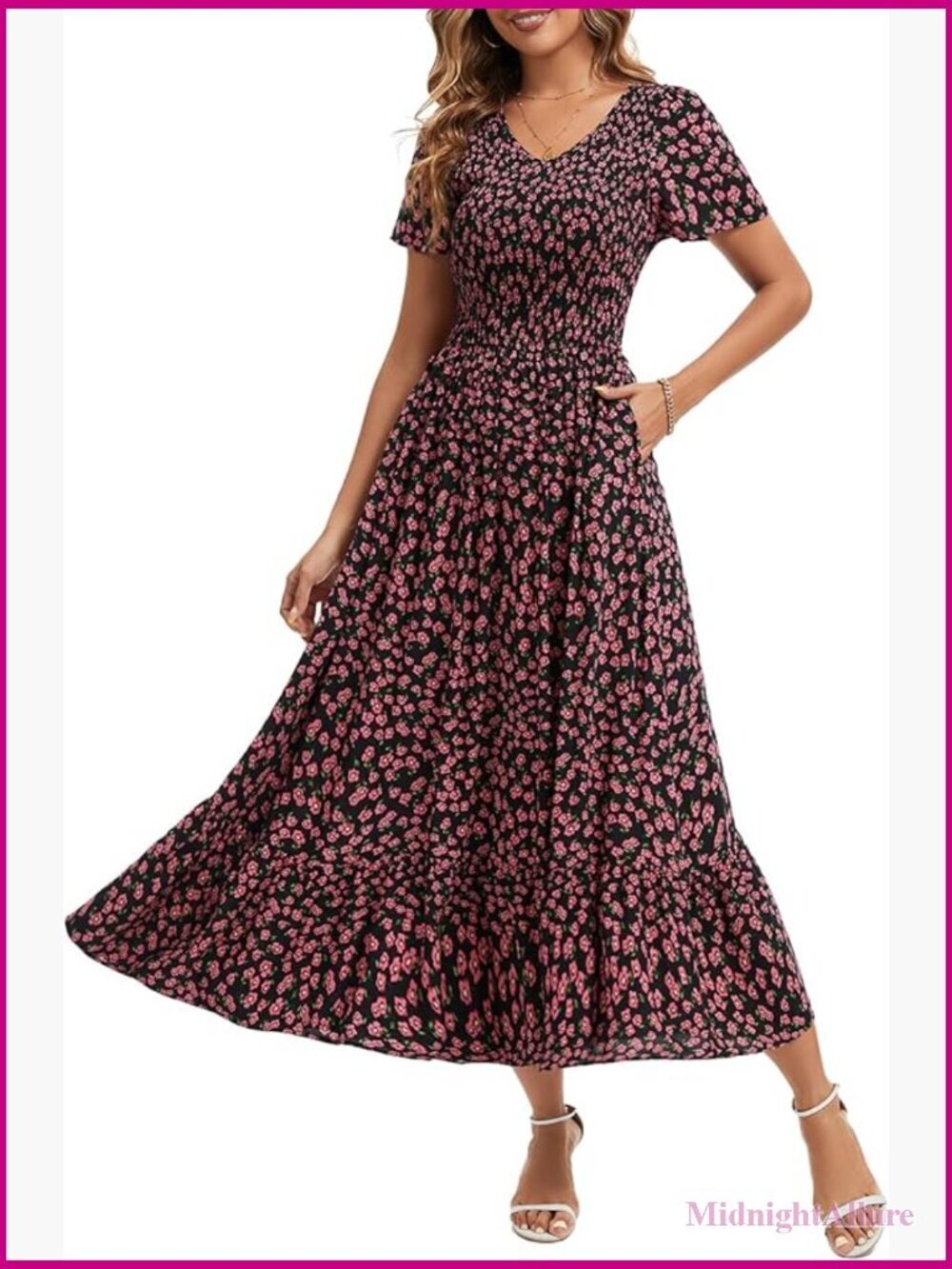 V Neck Flowy Maxi Dress with Pockets Women Summer Boho Smocked